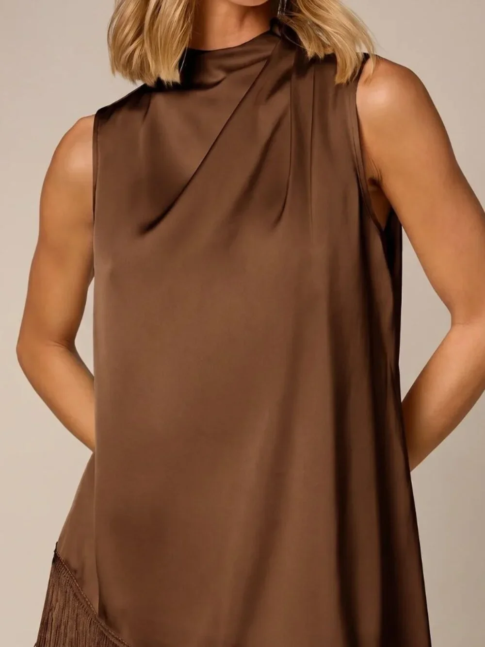 Brown Elegant Women's Mock Neck Fringe Hem Sleeveless A-Line Mini Dress